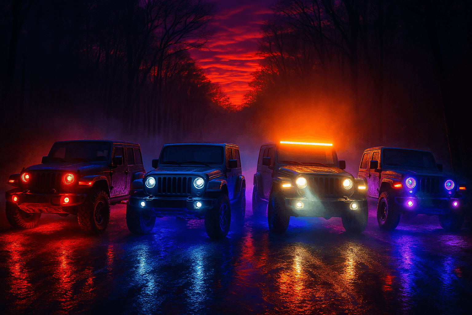 Whip lights, rock lights, under glow, head lights, RGB lights, Wheel lights, fog lights, light bars